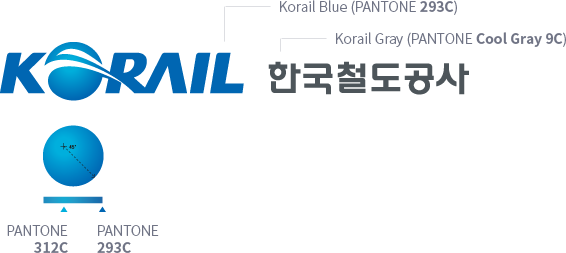 'KORAIL 한국철도공사' 로고 심볼마크색상 - Korail Blue (Pantone 293C), Korail Gray (Pantone Cool Gray 9C), 원의 밝은색:Pantone 312C, 원의 어두운 색: Pantone 293C