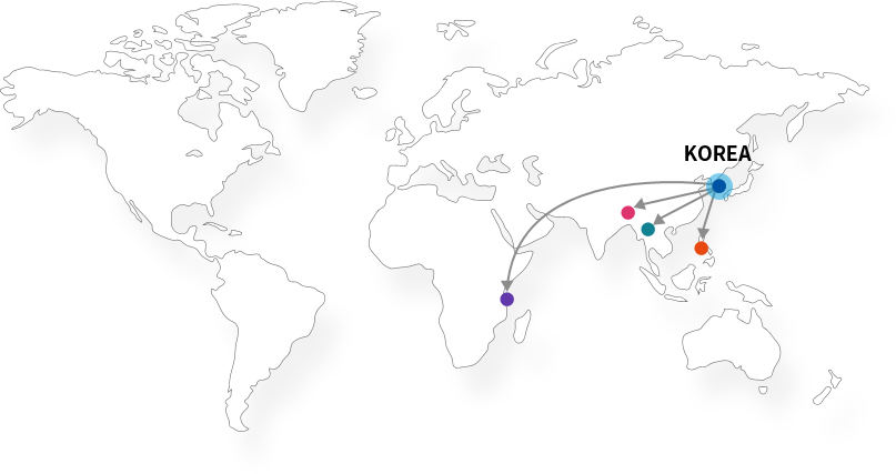 세계지도 - Korea에서 해외사업 수행 및 수주활동 하는 국가(Bangladesh, Myanmar, Vietnam, Philippines, Tanzania)의 위치를 확인할 수 있다. 